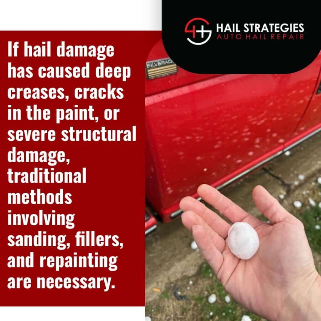 Hail damage creases and cracks in the paint